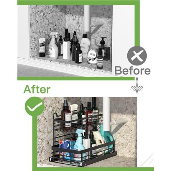 Sink Organizer and Storage, Under Sliding Cabinet Basket Organizer 2 Tire Black - Picture 5 of 7